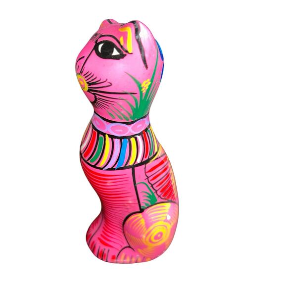 Vintage hand-painted ceramic Mexican folk art cat figurine pink Talavera style - Picture 2 of 6